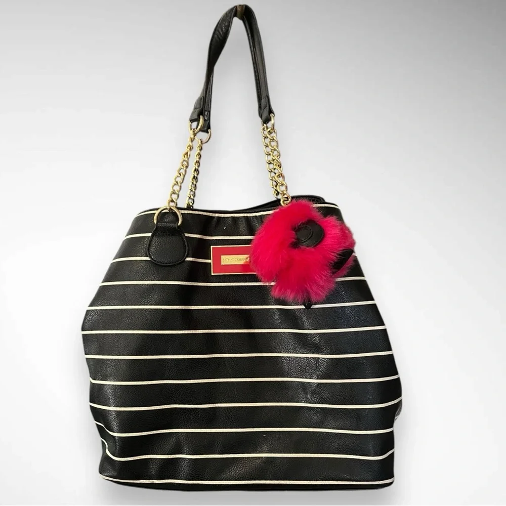 BETSEY JOHNSON Large Vegan Leather Black‎ and White Stripes Satchel Tote | EUC